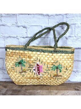 Y2K Tropical Straw Tote Drawstring Security Liner Summer Beach Vacation Purse
